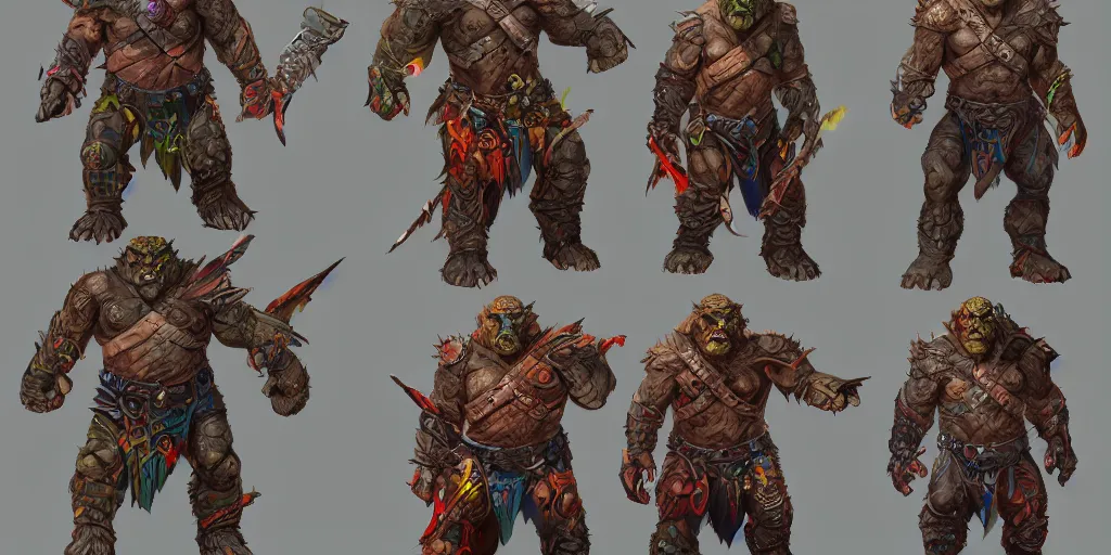 Image similar to different views of orcs, colourful intricate!! concept art by senior character artist, trending on artstation, full body character design