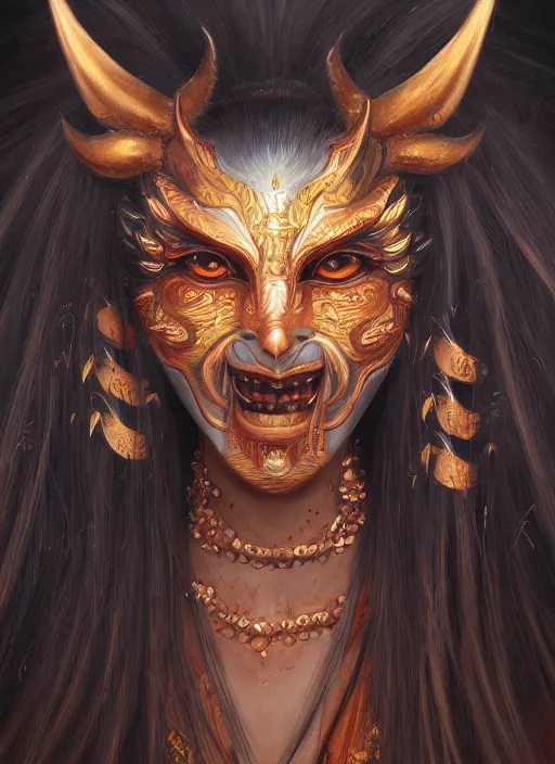 Image similar to a beautiful detailed oil on copper art illustration of a japanese namhage mask devil woman, centered, by charlie bowater, zeng fanzh, trending on artstation, dim dusk lighting, cinematic lighting, detailed lighting, volumetric lighting, realistic, f 8, 4 k hd wallpaper