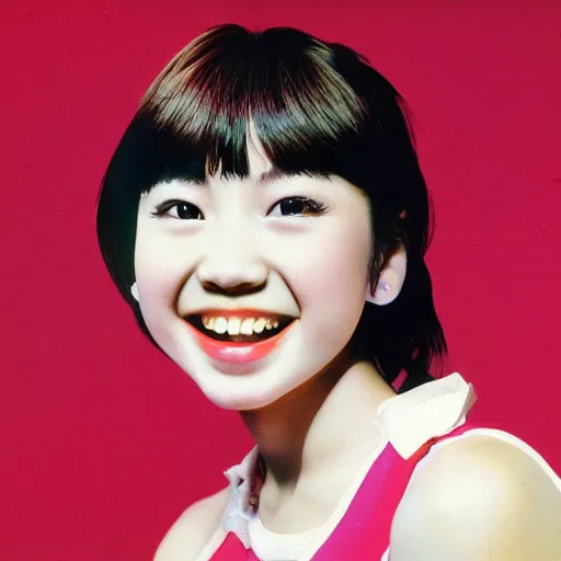 Prompt: 1 9 8 0 s record - album art of a young cute female japanese pop - idol who has yaeba teeth. high - quality high - resolution scanned image.