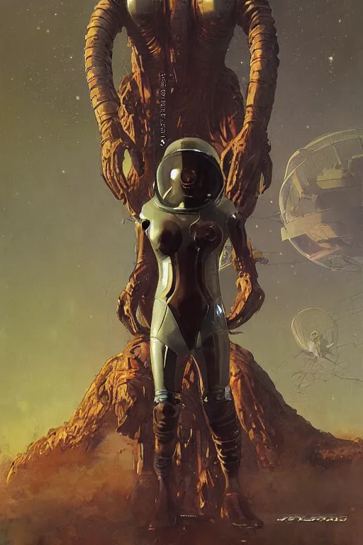 Prompt: pulp scifi fantasy illustration full body portrait elegant woman wearing latex spacesuit with huge martian creature in background, by norman rockwell, jack kirby, bergey, craig mullins, ruan jia, jeremy mann, tom lovell, 5 0 s, astounding stories, fantasy