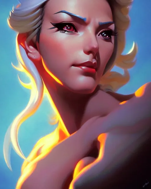 Image similar to mercy from overwatch, character portrait, portrait, close up, vintage fantasy art, vintage sci - fi art, radiant light, caustics, by boris vallejo