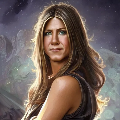 Image similar to jennifer aniston, deep focus, d & d, fantasy, intricate, elegant, highly detailed, digital painting, artstation, concept art, matte, sharp focus, illustration, hearthstone, art by artgerm and greg rutkowski and alphonse mucha