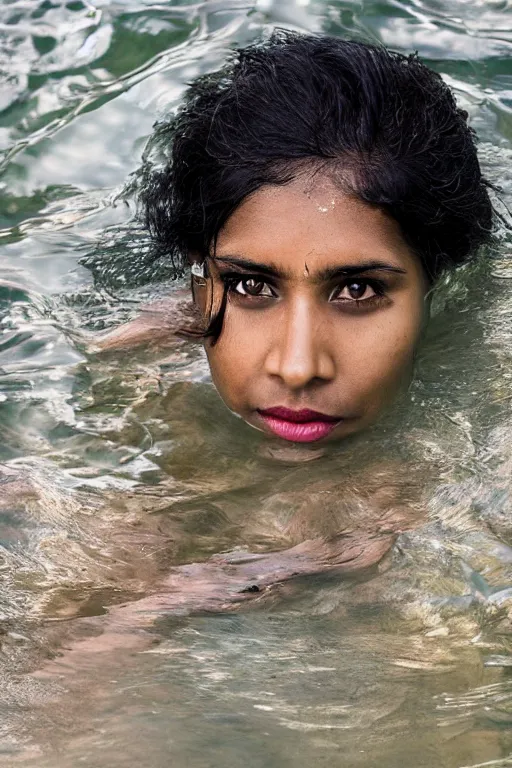 Image similar to a professional portrait photo of a sri lankan native woman, submerged in water, black hair, hunter, extremely high fidelity, natural lighting