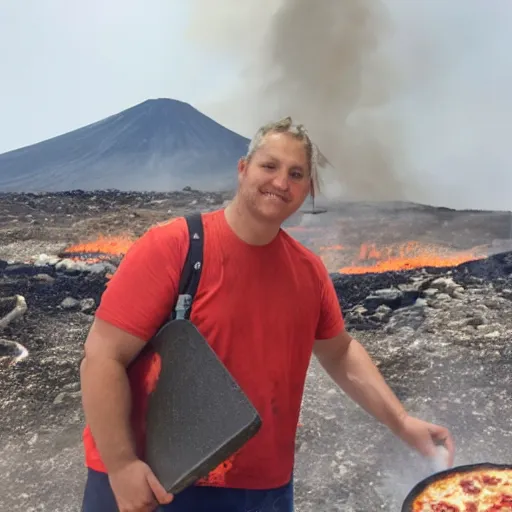 Prompt: an evil pizza cook standing in front of a volcano, streams of lava, smoke, fire, pizza margherita