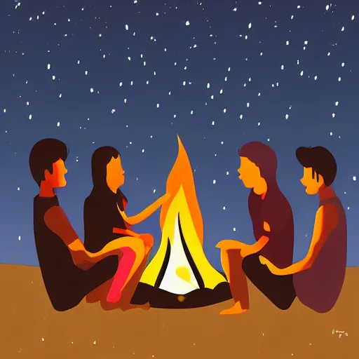 Image similar to sad people gathered around a camp fire at night, dark background, digital art