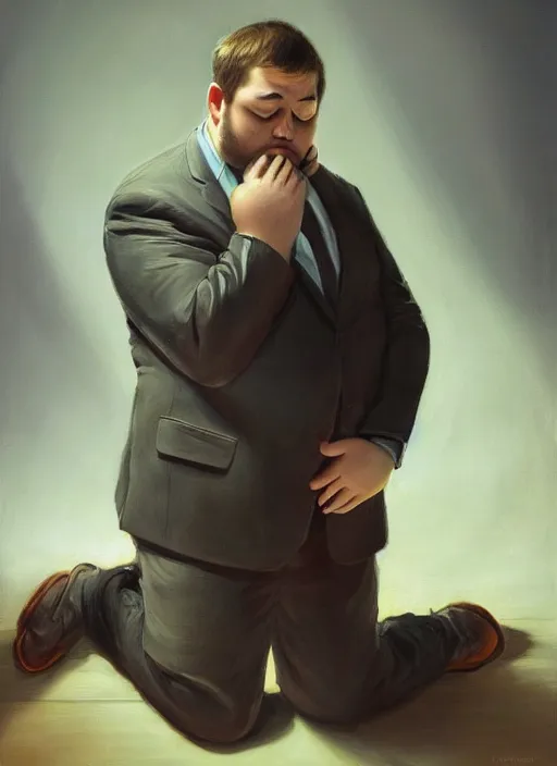 Prompt: insanely detailed chiaroscuro image of a sleepy - looking chubby well - dressed programmer guy on his knees facing his glowing ultrawide monitor monitor begging it for forgiveness, oil on canvas, masterwork, fine detail, trending on artstation, emotive, insanely compelling, ryden, koons, moebius