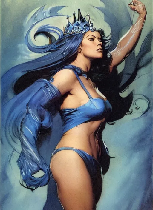 Image similar to portrait of mighty plump female sorceress, blue tiara, lightning halo, strong line, muted color, beautiful! coherent! by frank frazetta, by brom