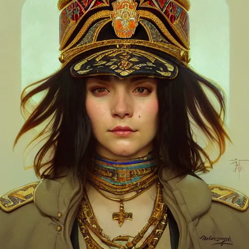 Prompt: a portrait of a female cop, upper half portrait, decorated with russian motifs, russian shaman, siberia, traditional russia, intricate, elegant, highly detailed, symmetry, headpiece, digital painting, artstation concept art smooth sharp focus, illustration, art by artgerm and greg rutkowski alphonse mucha 8 k