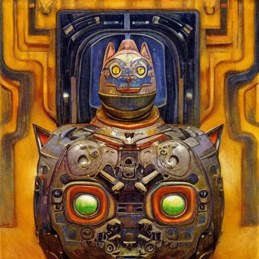 Image similar to ornate mechanical robot cat, by annie swynnerton and diego rivera and nicholas roerich, symbolist, dramatic lighting, elaborate geometric ornament, art brut, soft cool colors, smooth, sharp focus, extremely detailed, adolf wolfli and ( donato giancola )