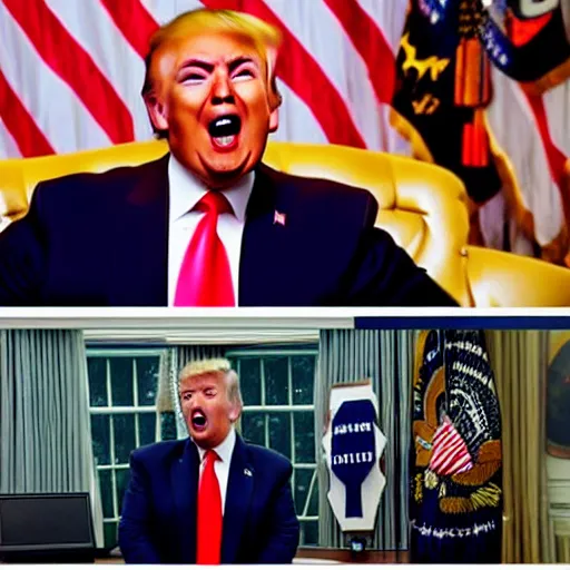 Image similar to donald trump screams so loudly that his head explodes, realistic, hdr, clear image, thunderstorm in donald trump's office, 8 k, super real event,