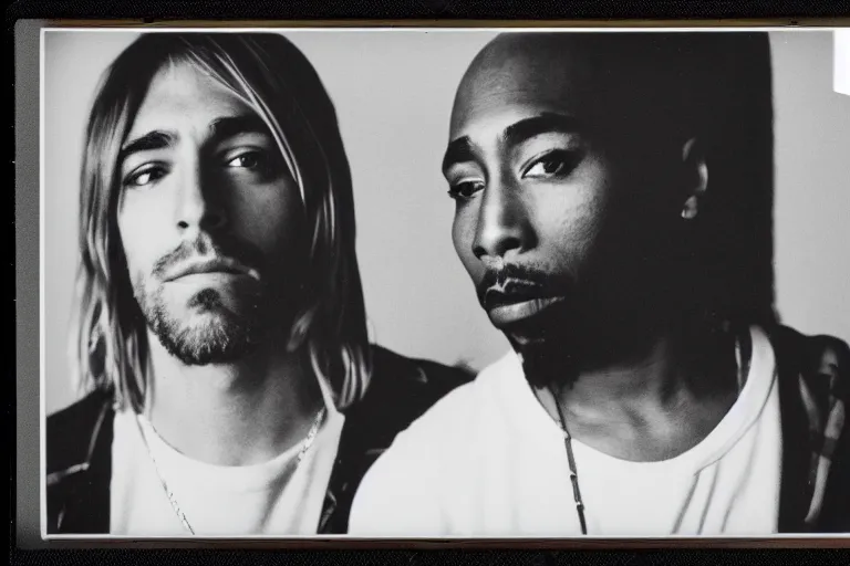 Image similar to Polaroid photograph of Kurt Cobain and Tupac Shakur, XF IQ4, 150MP, 50mm, F1.4, ISO 200, 1/160s, natural light, Adobe Lightroom, photolab, Affinity Photo, PhotoDirector 365,