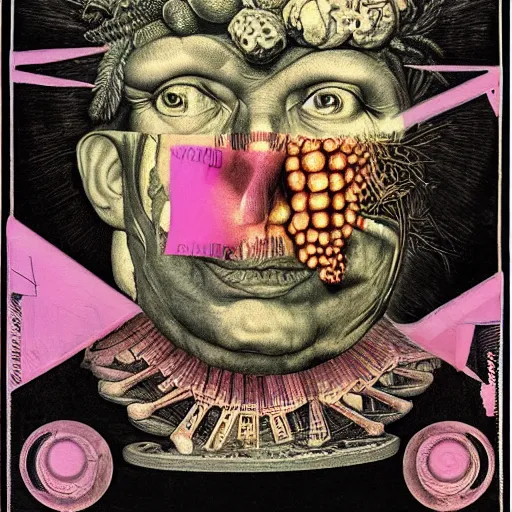 Image similar to post - punk new age album cover, asymmetrical design, frame of a dollar bank notes, capitalism, magic, apocalypse, psychedelic, black white pink, magic, giger h. r., giuseppe arcimboldo