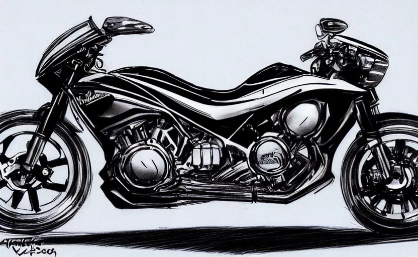 Prompt: 1 9 9 0 s kawasaki sport motorcycle concept, sketch, art,