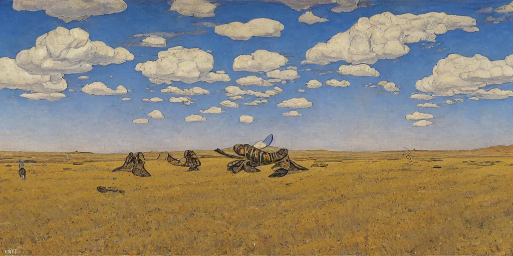 Image similar to oil painting huge wasp and wasp nest in the steppe by ferdinand hodler