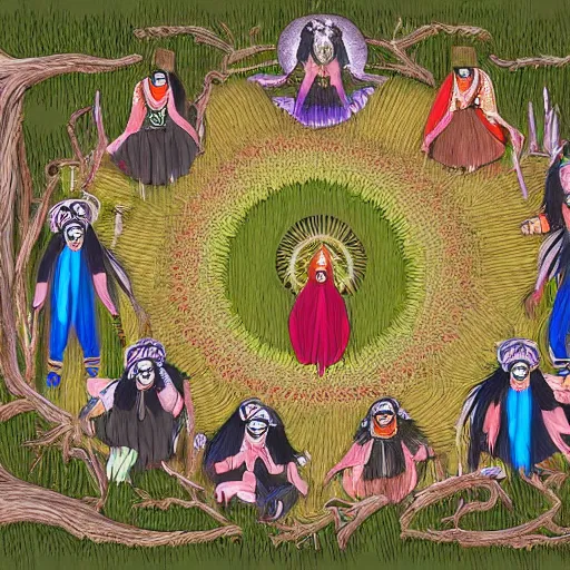 Image similar to Shamanistic ritual being performed in a clearing the middle of the woods. A full moon is in the sky. A scrying mirror is in the middle of the circle. Ornate costumes are worn by the participants. Digital art.