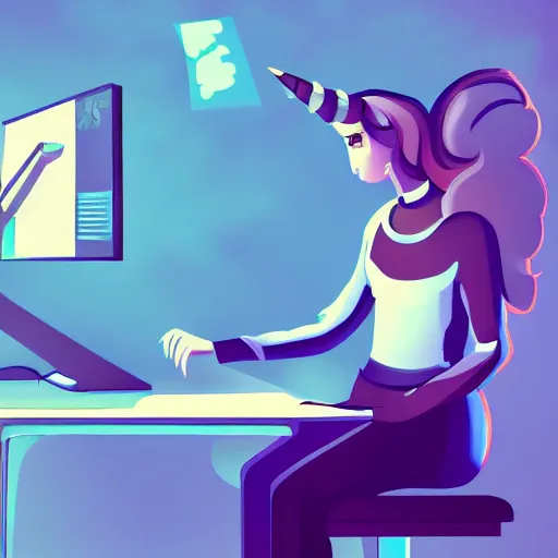 Image similar to unicorn working in an office typing on computer, fantasy, detailed, high quality, artstation contest winner