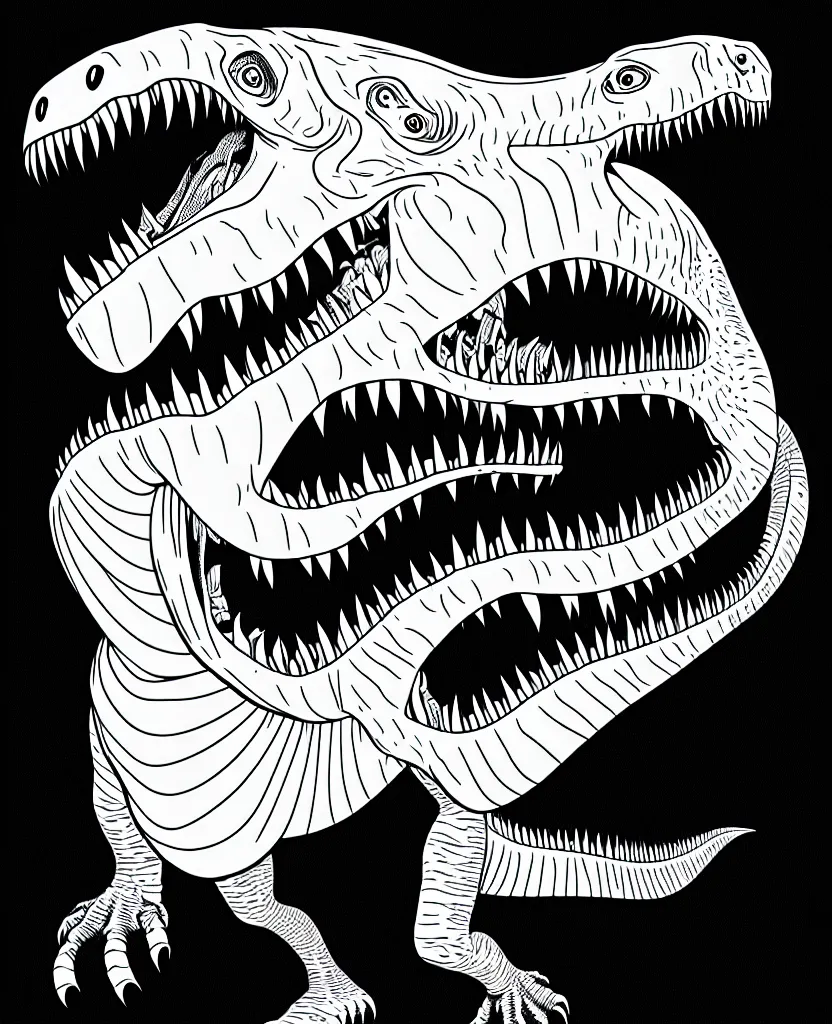 Image similar to tyrannosaurus rex walking around, symmetrical, accurate, simple clean black lines, black and white, white background and fill, coloring book, comic book, graphic art, line art, vector art, artstation