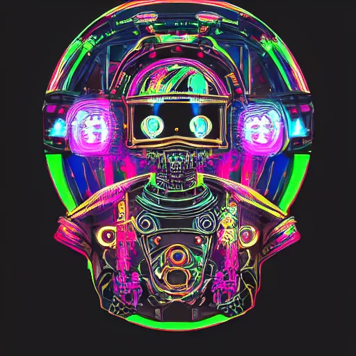 Image similar to mockup of a black tshirt with a hyperdetailed portrait of a trippy steam punk robot, 8 k, symetrical, flourescent colors, happy mood, multicolored,