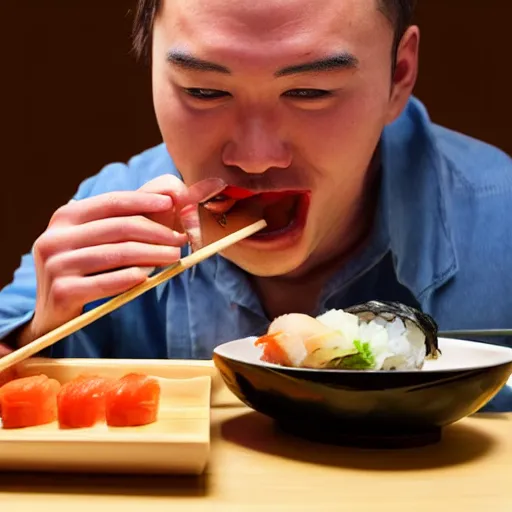 Image similar to Mr Potato Man eating sushi at a Japanese restaurant