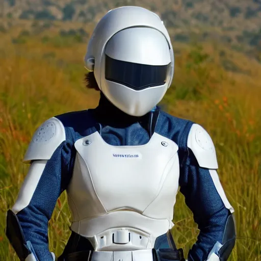 Prompt: close up photograph of a 1 9 year old woman with short brown hair, blue eyes, and lots of freckles. she is wearing a white futuristic suit of armor and holding a blaster. she is also riding a futuristic white military motorcycle and wearing a futuristic white armored military helmet with an orange visor. the backdrop is of a rolling grassy plain with mountains in the distance.