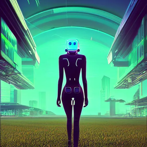 Prompt: a woman walking across a green field, a huge blue robot head in front of her, cyberpunk art by beeple, cgsociety, retrofuturism, synthwave, retrowave, outrun