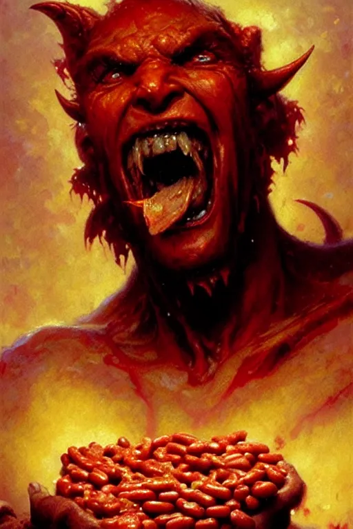 Image similar to red skinned hell demon screaming with joy eating baked beans portrait dnd, painting by gaston bussiere, craig mullins, greg rutkowski, yoji shinkawa