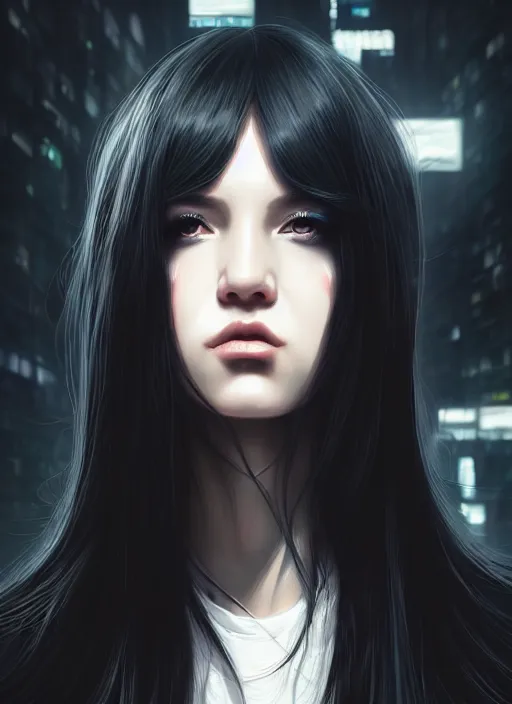 Image similar to portrait of long black hair girl within a streetwear. cynical face, concept art, cyberpunk illustration, intricate, highly detailed 8 k, smooth, matte, sharp focus, rim light, beautiful and aesthetic shape of face and body, artgerm, artstation, art by gharliera and rinotuna and junpei