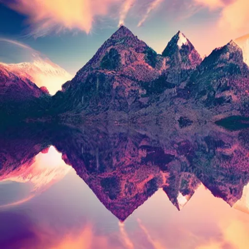 Image similar to an upside down mountain hanging over a lake, distorted, glitched, dramatic, cinematic, realistic, dark