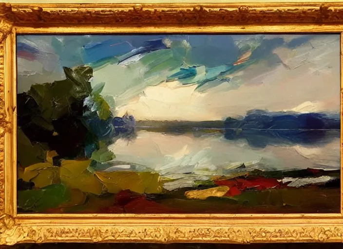 Prompt: palette knife, impasto oil painting of silent calm lake shore by hans hofmann, thick paint brush strokes, art by anders zorn, wonderful masterpiece by greg rutkowski, beautiful cinematic light, american romanticism by greg manchess, creation by tyler edlin