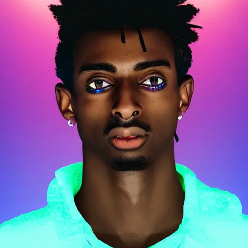 Image similar to playboi carti, photorealistic, detailed face, full body shot, 8 k hd, neon colors, over saturated colors,