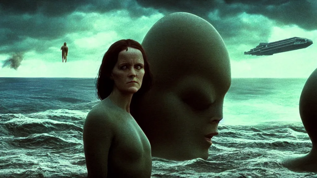 Prompt: photo of Polly Gray coming out of the ocean, extreme detailed face, spaceship far on the background, film still from the movie directed by Denis Villeneuve with art direction by Zdzisław Beksiński, wide lens