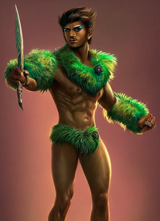 Image similar to a highly detailed illustration of fierce attractive young tanned tribal boy wearing green wolf mane, heroic wielding club pose, muscular, intricate, elegant, highly detailed, centered, digital painting, artstation, concept art, smooth, sharp focus, league of legends concept art, wlop