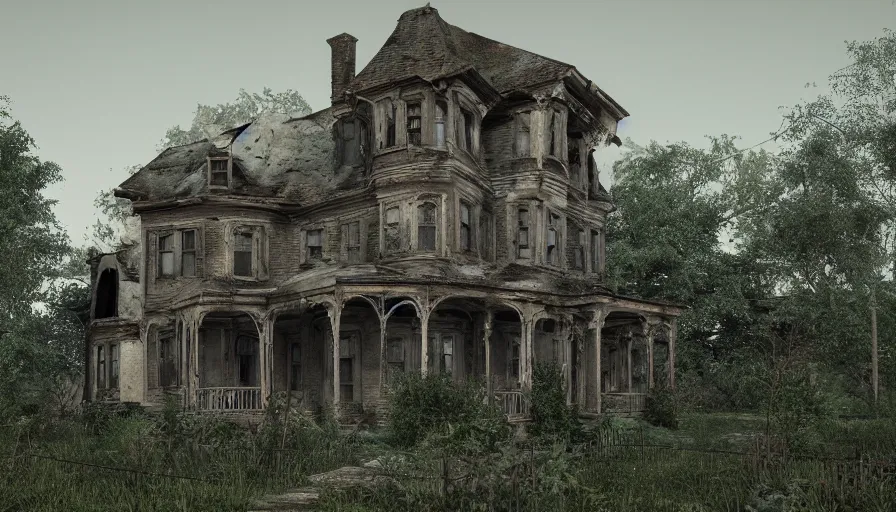 Prompt: old, ruined, abandoned American house, Victorian style, seen from outside and overgrown by plants. First light of day falls upon the building. Scary, horror, ghost story. Dirt, leaves on ground. Octane render. Substance painter. Zbrush. Trending on artstation. 8K. Highly detailed.