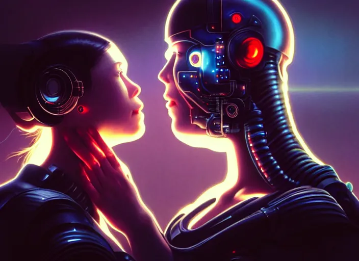 Image similar to ultra realistic medium shot of a couple of cyborgs kissing, lovers, cyberpunk, sci - fi, fantasy, kodak, colour led, soft light, volumetric lighting, night, intricate, highly detailed, digital painting, concept art, smooth, sharp focus, illustration, art by artgerm and greg rutkowski and alphonse mucha