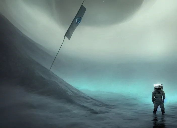 Image similar to astronaut holding a flag in an underwater desert. a submarine is visible in the distance. dark, concept art, cinematic, dramatic, atmospheric, 8 k, trending on artstation, blue, fish, low visibility, fog, ocean floor, christopher nolan, interstellar