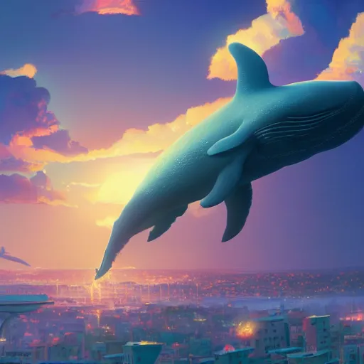 Prompt: giant whale flies above the city, photo realistic, by makoto shinkai and thomas kinkade and james gilleard, pixar style, beautiful matte painting, high detail, heavenly glow, colorful, octane render, 4 k hd wallpaper