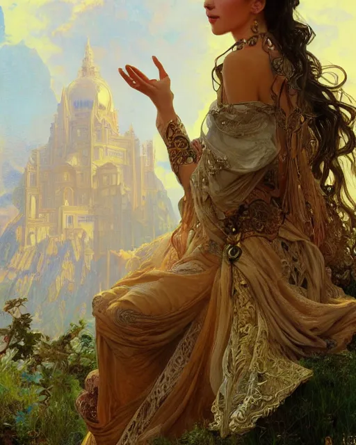 Prompt: beautiful intricate exquisite imaginative exciting northern classicalclose up portrait of a sorceress sitting with elegant looks, flowing robe, ornate and flowing, intricate and soft by ruan jia, tom bagshaw, alphonse mucha, krenz cushart, beautiful roman architectural ruins in the background, epic sky, vray render, artstation, deviantart, pinterest, 5 0 0 px models