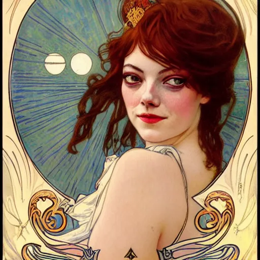 Image similar to emma stone portrait by louis - theophile hingre and alphonse mucha, realistic, sharp focus, zodiac signs, tarot cards, planets, ethereal, art nouveau, magic, moon, sun, crown, dreamy, royal, jewellery