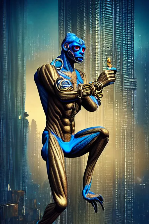 Prompt: high quality 3 d render ultra realistic mischievous cyborg muscular man monkey blue hybrid sitting, gold madhubani, highly detailed, cyberpunk!! mumbai in the background, unreal engine cinematic smooth, szukalski & blade runner, moody light, low angle, uhd 8 k, sharp focus