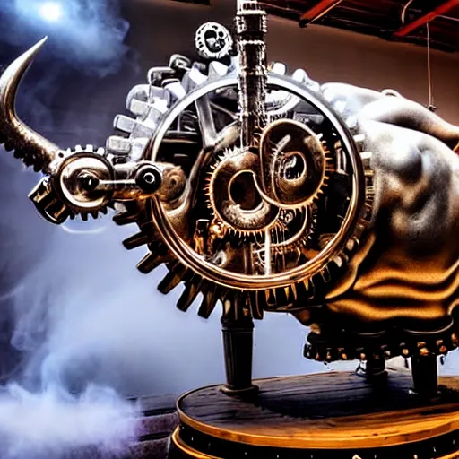 Image similar to a clockwork mechanical bull there are gears sticking out of the mechanical bull steam emanates from the robotic bull and thick clouds of steam swirl around the clockwork bull, ultra high detail, high particle effects, highly reflective surface, realistic reflections