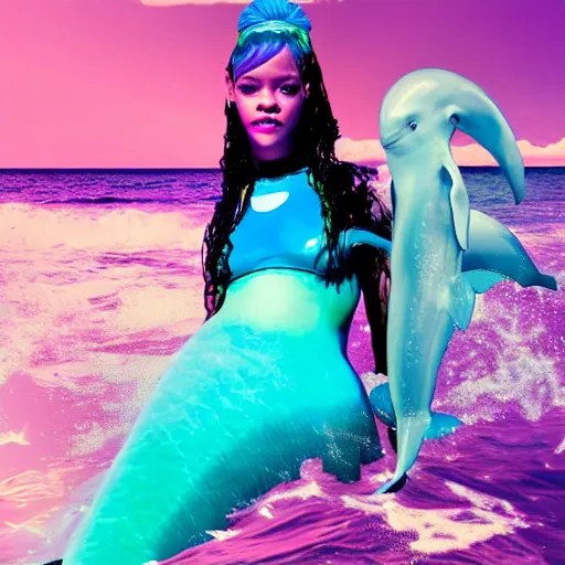 Prompt: rihanna in the ocean with seapunk dolphins, seapunk, creative photo manipulation, creative photoshop, digital art