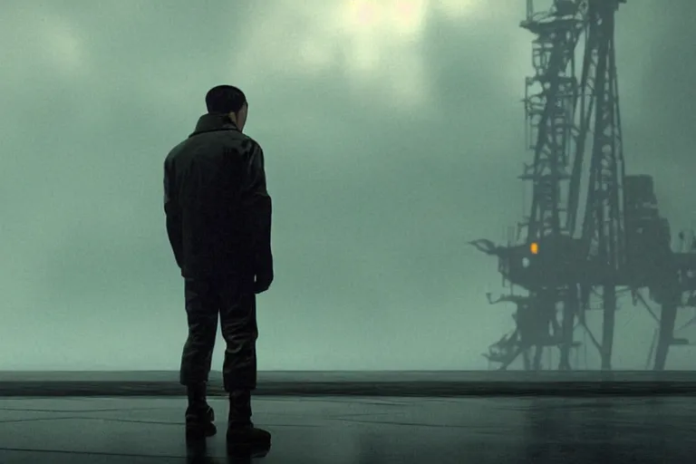 Image similar to a still from bladerunner 2 0 4 9 depicting a long shot photograph of a handsome asian man wearing wet weather gear. he stares intently into the camera with a worried expression. behind him is a futuristic oil rig in the deep ocean. sci fi, futuristic, cinematic, low light, soft focus.