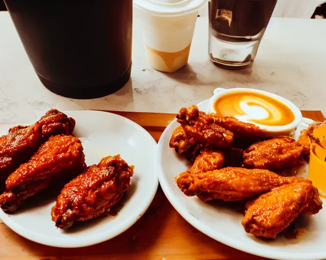 Prompt: A cup of coffee and hot wings covered in cheese, Cinematic shot
