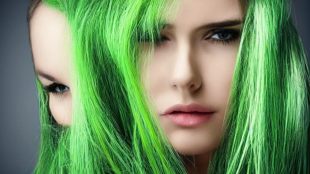 Image similar to beautiful woman playing with her very long green hair