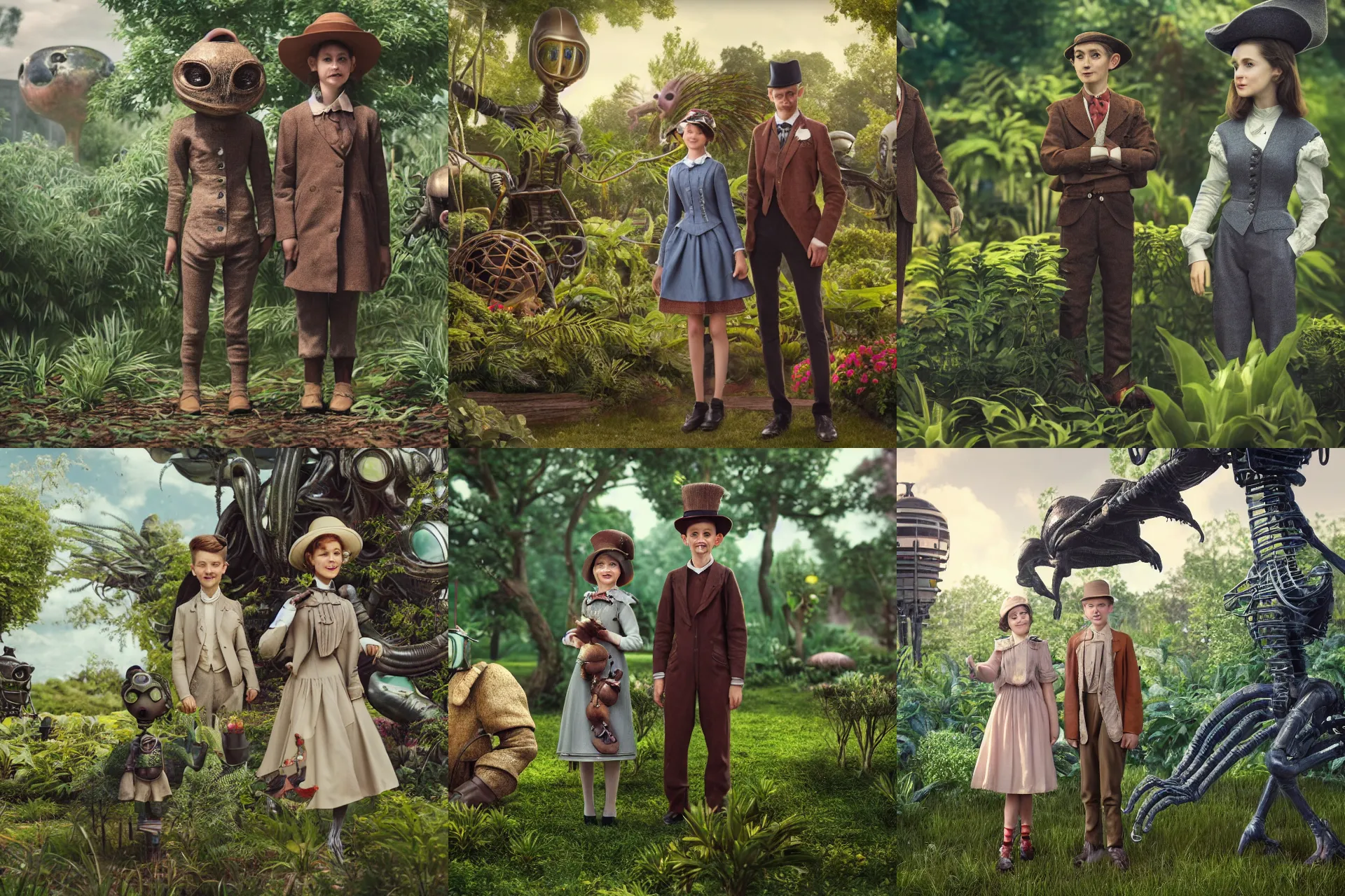 Prompt: detailed, sharp, a girl and a boy standing next to some alien plants, looking happy, wearing 1900s era clothes, their small pet alien creature is standing nearby, in a park on an alien planet, steampunk, extremely highly detailed, hyperrealistic, octane render, 8k, HD, good lighting