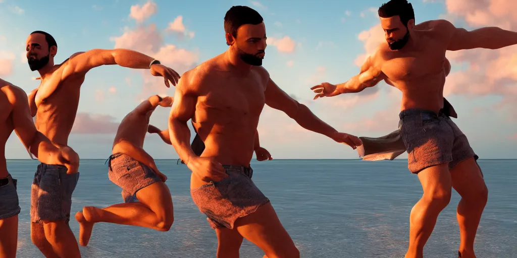 Image similar to 'dos hombres sin camisa llevando shortes bailando en la playa de San Juan, golden hour, photorealistic, extreme detail, octane render, artstation, unreal engine'