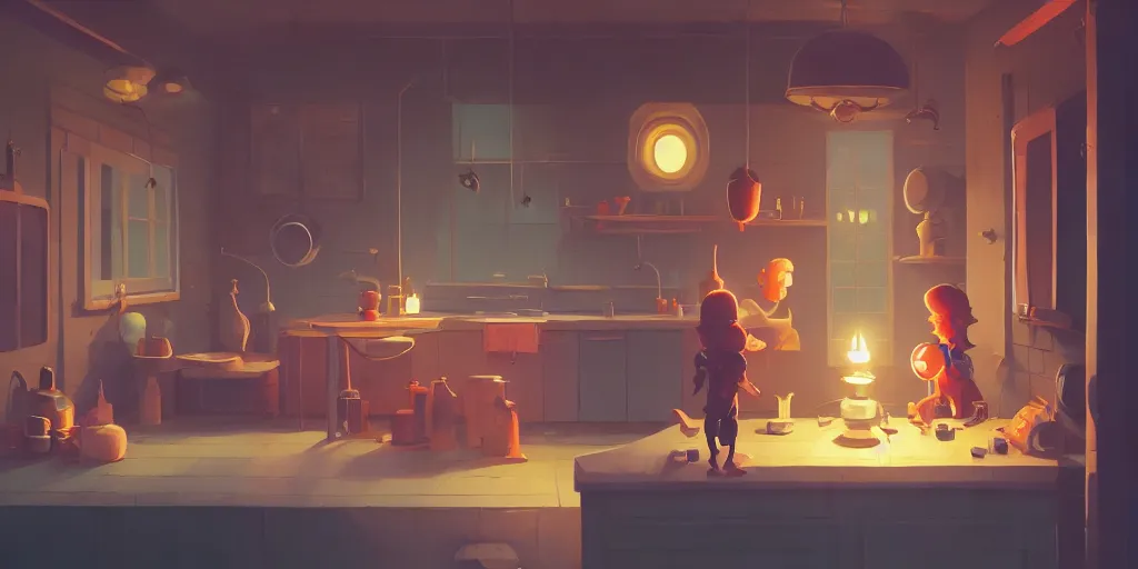 Prompt: cute lonely kitchen dim lit by a candle ripped physique simon stalenhag gerald brom bastien grivet by greg rutkowski game background fisheye lens day of the tentacle