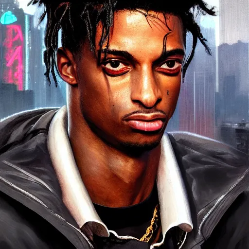 Image similar to cyberpunk, closeup portrait of a playboi carti, dramatic light, city background, sunset, dystopian setting, high contrast, sharp, neuromancer, henry dorsett case, painted by stanley lau, painted by greg rutkowski, painted by stanley artgerm, digital art, trending on artstation