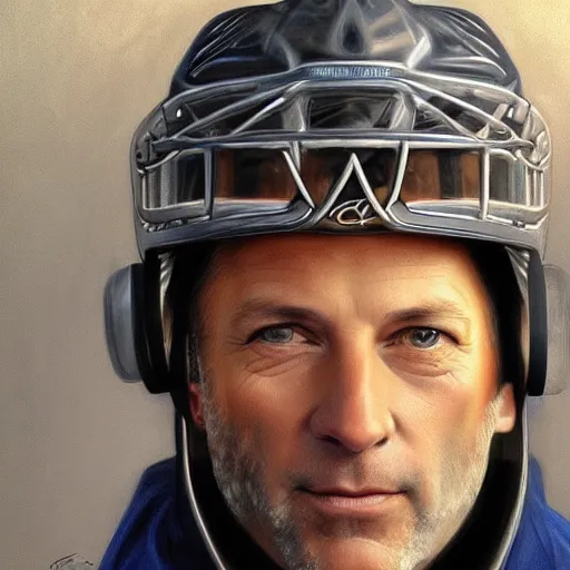 Image similar to beautiful portrait of hockey coach Clint Malarchuk, fantasy, intricate, elegant, highly detailed, digital painting, artstation, concept art, smooth, sharp focus, luxury fashion illustration, art by artgerm and greg rutkowski and alphonse mucha, brightly lit cinematic soft lighting, photorealistic