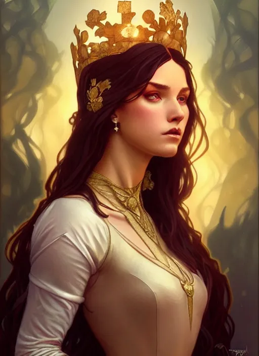 Image similar to rolyatistaylor as queen, incredibly detailed face, pretty face, light dress, true anatomy, art by artgerm and greg rutkowski and alphonse mucha